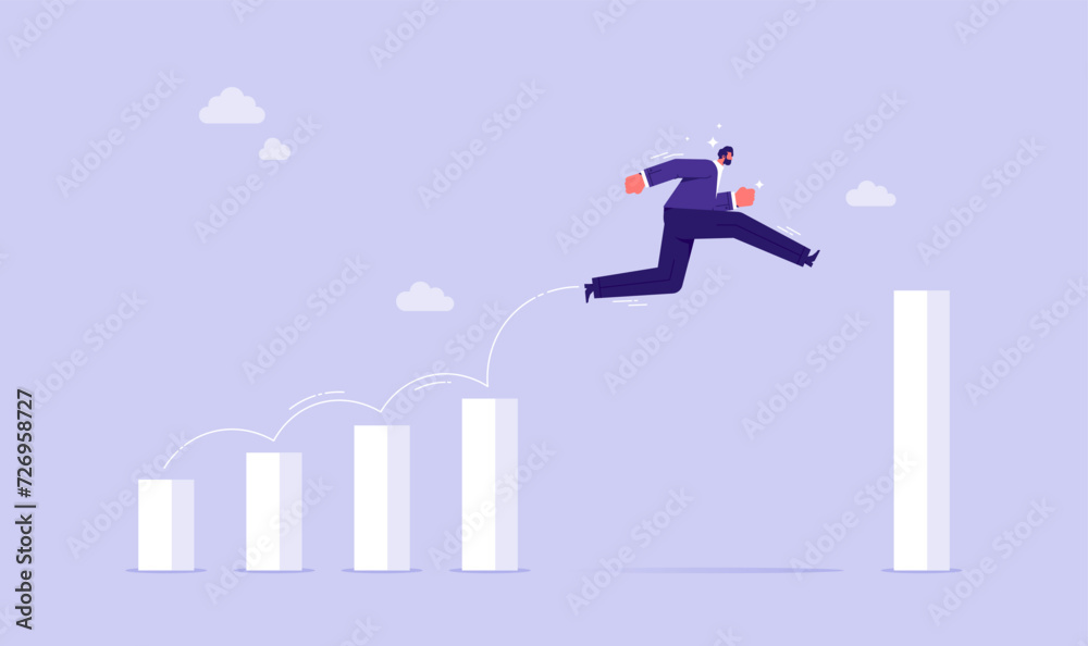Rapid growth in Business concept, businessman jump on higher level over gap in growth chart Rapid growth in Business concept, businessman jump on higher level over gap in growth chart