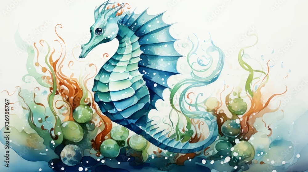 Watercolor sea horse drawing on a white background. Underwater art