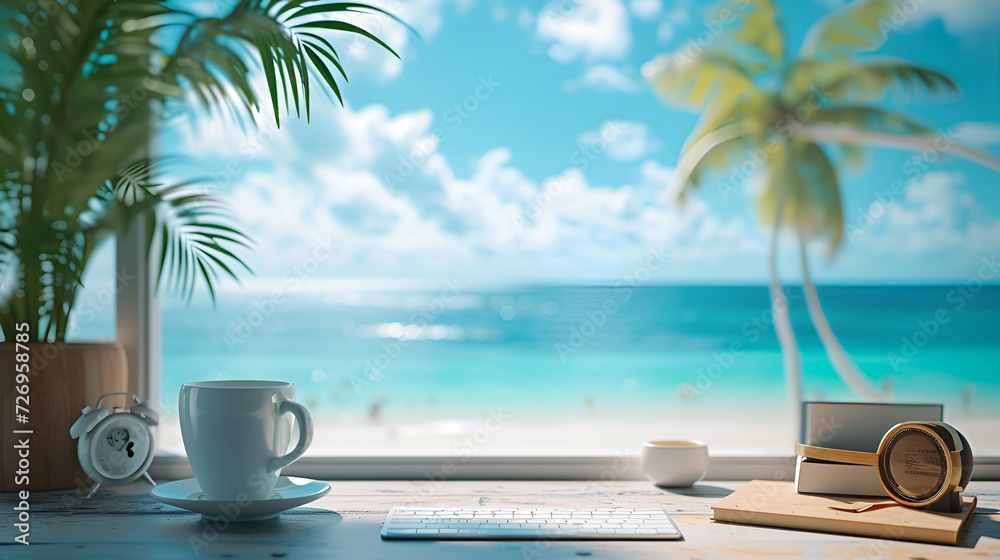 desk of free space and summer beach landscape, palm trees, generative ai