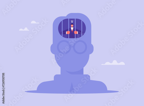 Mind prison, melancholy and frustration concept, businessman in silhouette of head behind bars, sad, depression and internal problems