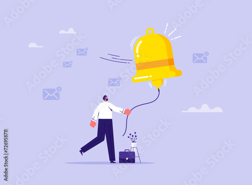 Marketing or advertising push notifications concept, ring subscription bell to get reminder for new social media content, businessman ringing the big bell with online promotion or email newsletter not