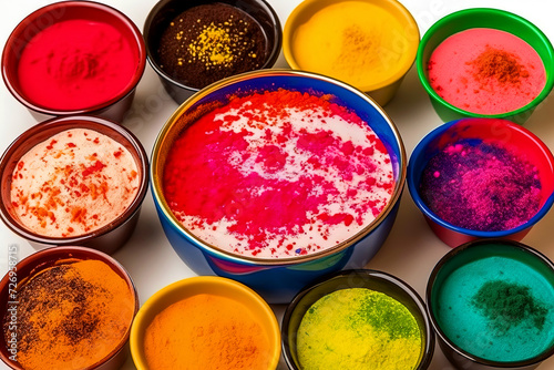Colorful powdered pigments in containers arranged in a pattern, suitable for art and craft concepts.