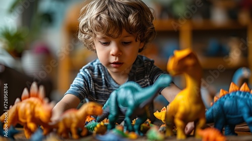 Children play with colorful toy dinosaurs educational toys for children. photo