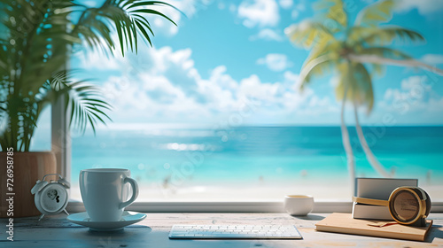 desk of free space and summer beach landscape  palm trees  generative ai