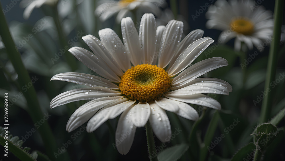 Fototapeta premium Nature's pearls adorn cheerful white daisies.