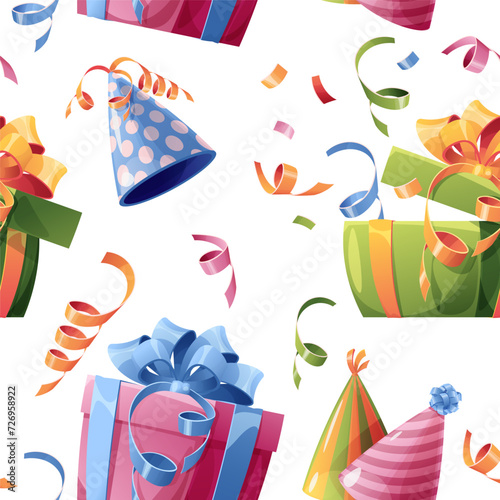 Seamless pattern with gift box, confetti, party hat. Background with festive items for birthday. Festive texture for wrapping paper, cards, fabric, wallpaper.