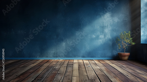 Dark blue wall in an empty room with a wooden floor  generative ai
