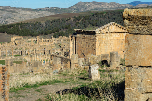 High-angle view of a Roman temple against the sky in the ancient Roman town of Djemila, Setif, Algeria.