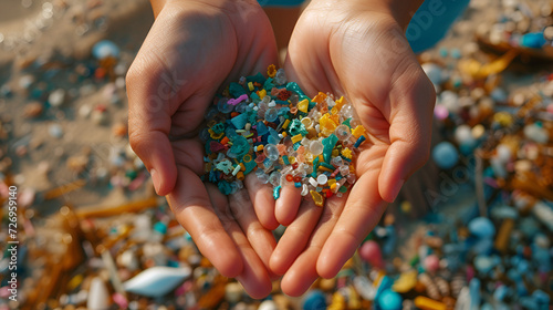 Detail of hands showing microplastics on the beach, generative ai