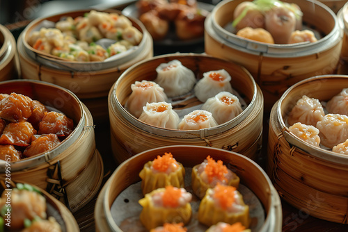 Close-up of a Chinese dim sum in bamboo steamers. 