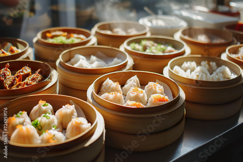 Close-up of a Chinese dim sum in bamboo steamers.  photo
