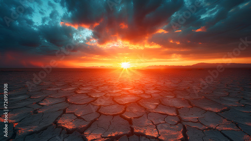 global warming. dramatic sunset over cracked earth, generative ai