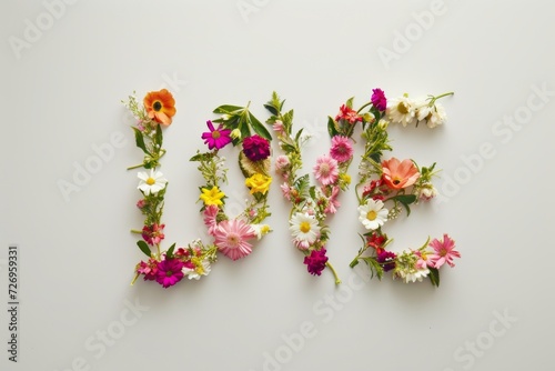 the word LOVE crafted with flowers on a clean light background