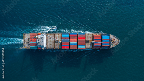 Aerial view container cargo ship maritime carrying container, Global business import export logistic freight shipping transportation international by container cargo ship, Container fright shipping.