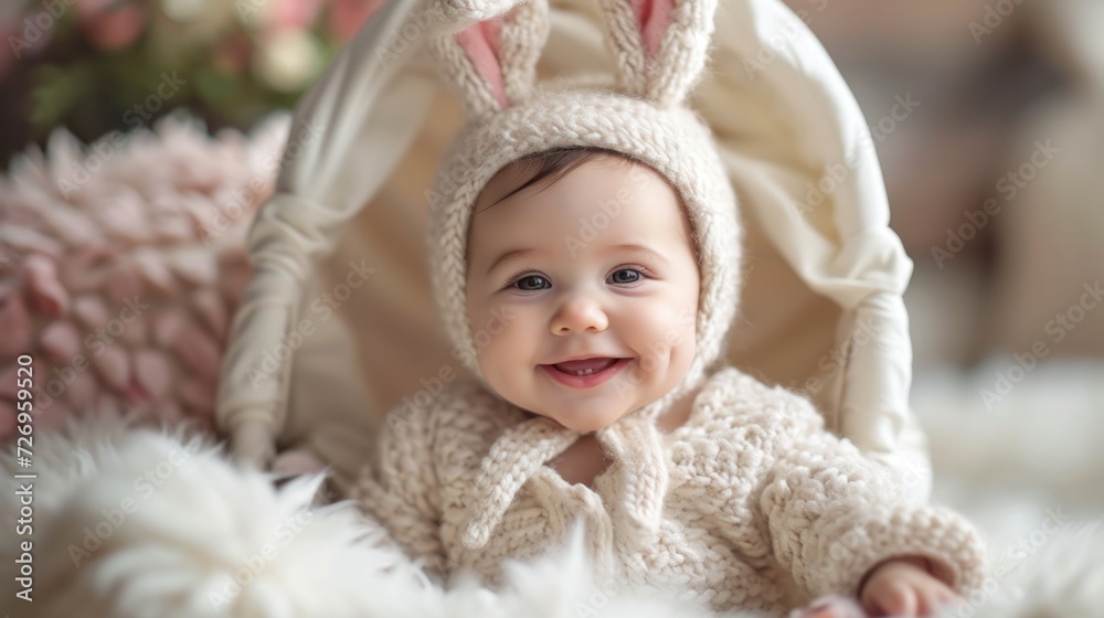 Laughing happy baby girl sitting in a white stroller in a bunny dress-up Laughing happy baby girl sitting in a white stroller in a bunny dress-up