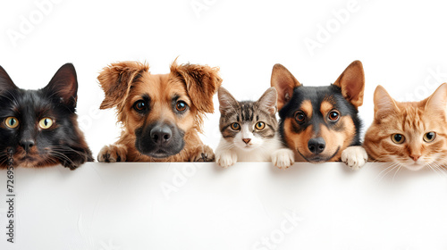 Dogs and Cats Hanging Over White Banner, generative ai © Saleem
