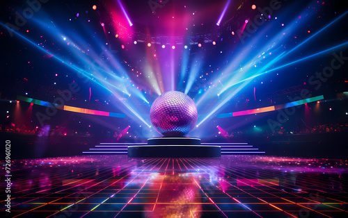 Concert stage in disco style with colorful lights and shimmering disco ball on the stage 