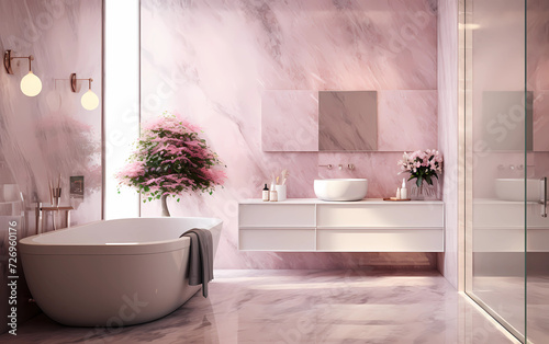 Pink marble style bathroom with the window and curtains. Luxury bathroom interior