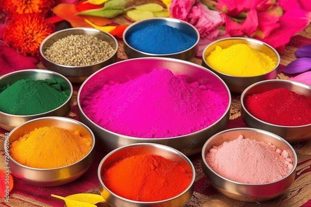 Colorful powdered pigments in metal containers against a black background. Colorful powdered pigments in metal containers against a black background.