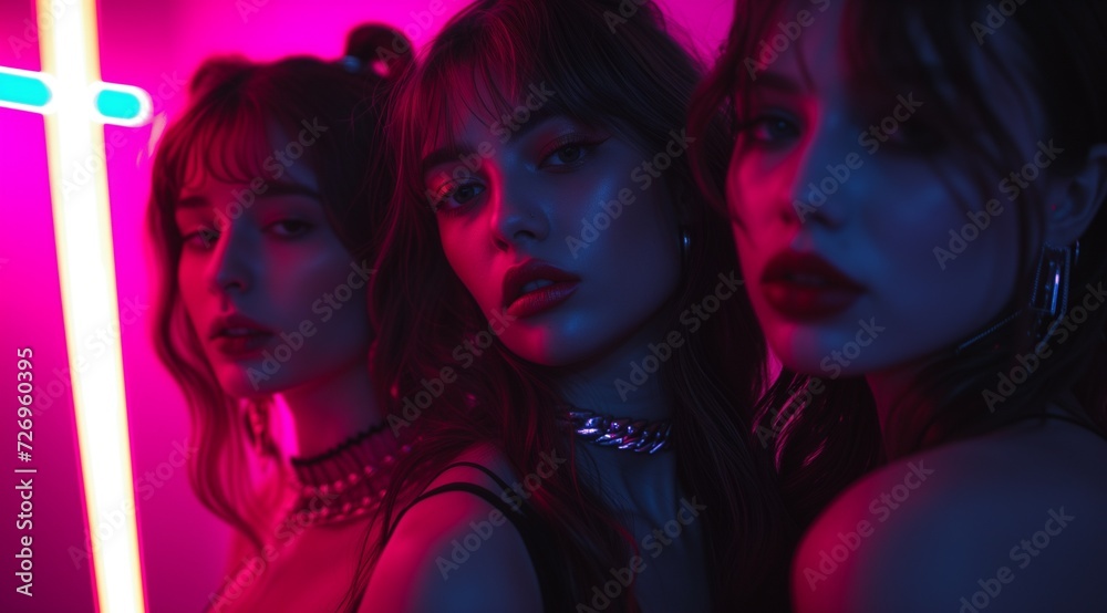 Stylish women stand bathed in the alluring glow of neon lights, showcasing detailed makeup and shiny accessories. The intense pink and blue hues create a mysterious urban nightlife atmosphere. Stylish women stand bathed in the alluring glow of neon lights, showcasing detailed makeup and shiny accessories. The intense pink and blue hues create a mysterious urban nightlife atmosphere.