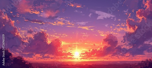 Dramatic anime-style art capturing a vibrant sunset with bold, textured clouds in purples and pinks, silhouetted foliage, and an awe-inspiring view of the horizon.