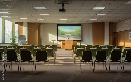 Empty conference room with chairs and a projector. Lecture hall with screen and chairs.
