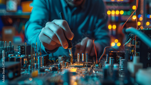 Electronic engineering experiment, the Computer Science Class Teacher Examines a programmed Robot Made by a Girl and a Boy, an Engineer Working with a Car Battery Module in a Laboratory. Generative ai