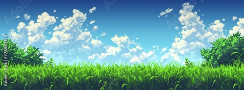Pixel art of a lush green meadow and fluffy clouds against a vibrant blue sky, perfect for a peaceful scene in a retro-style video game landscape. photo