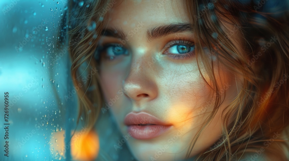 Close up portrait of a beautiful young woman with wet hair and blue eyes. - Generative AI