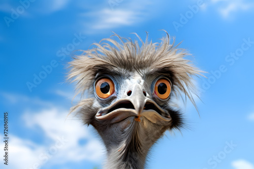 Funny portrait of emu bird with large eyes in front of blue sky