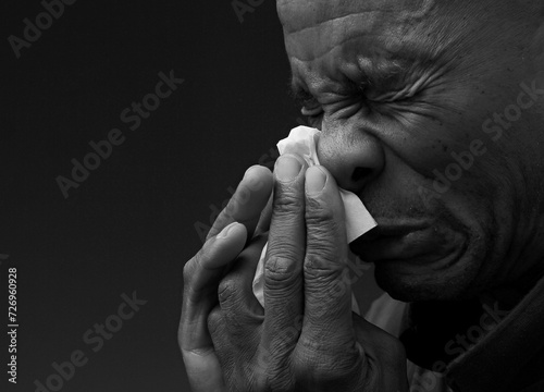 catching the flu and blowing nose after catching a cold with grey black background with people stock image stock photo 