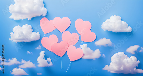 paper hearts on white soft pink color  paper hearts in the clouds  valentines day concept  fantasy dream holiday  love paper heart in the clouds  festive valentine  saint valentine  happy romantic