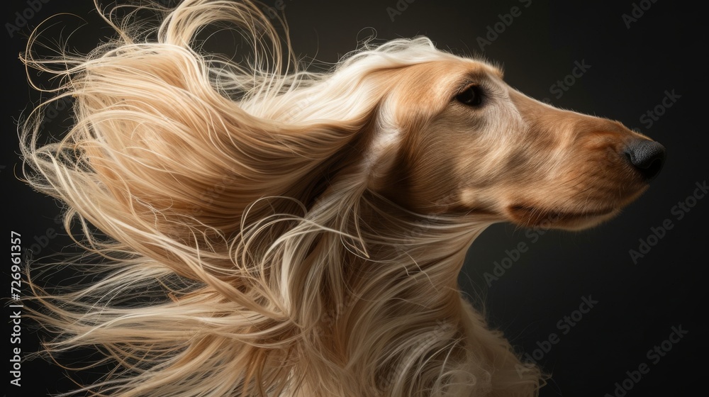 A dog with long hair blowing in the wind in style of fashion editorial. Dog coat on dark background. Grooming A dog with long hair blowing in the wind in style of fashion editorial. Dog coat on dark background. Grooming