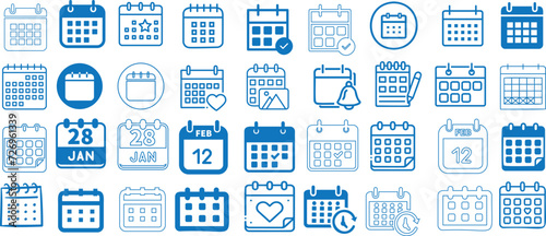 calendar icons on white background. Various designs for web design, planner apps, scheduling templates. Includes square, circular shapes, special dates, events