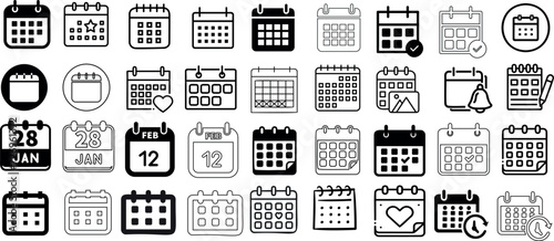 calendar icons collection, vector illustrations for web design, mobile apps, UI, UX. Includes schedule reminders, daily pads, monthly grids, alarms, special days