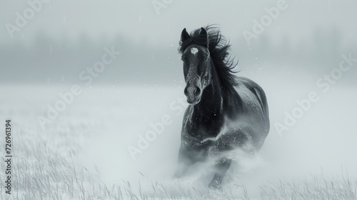 Black stallion on a foggy winter field. 3d rendering - Generative AI