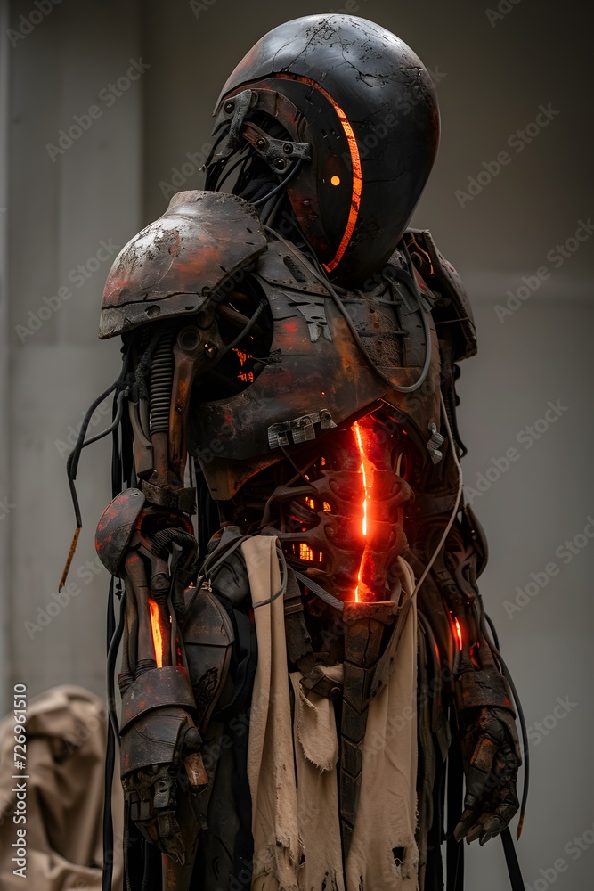 Naklejka premium Alien wearing futuristic armor with glowing red details. The armor has a hood and is covered in dust and debris.