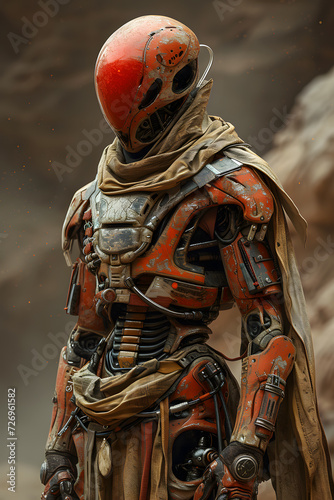 Alien wearing futuristic armor with glowing red details. The armor has a hood and is covered in dust and debris.