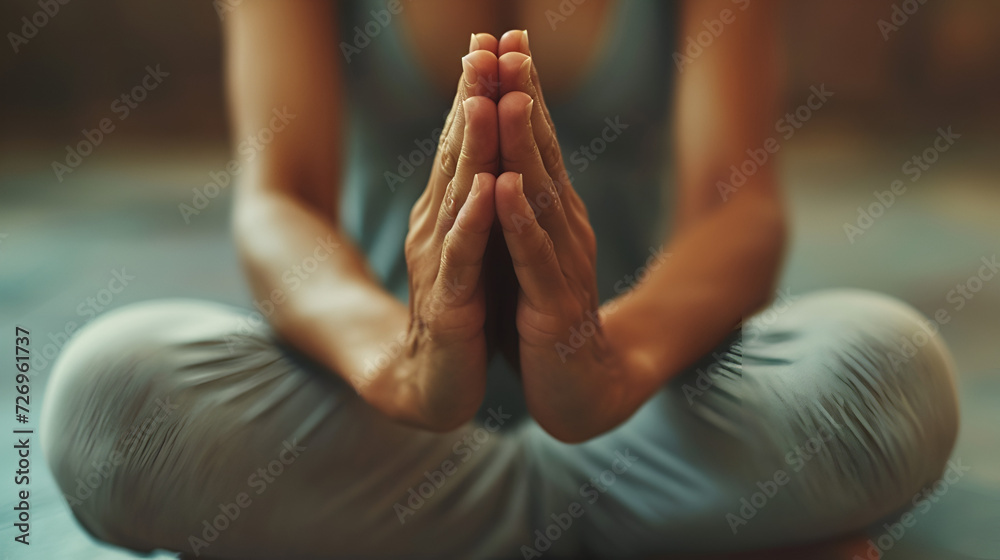 Meditating. Close Up Female Hands Prayer, Mindfulness in nature, Low key, close up of hands of a faithful woman praying, with hands folded and palms together in worship to god, Generative AI  - obrazy, fototapety, plakaty 