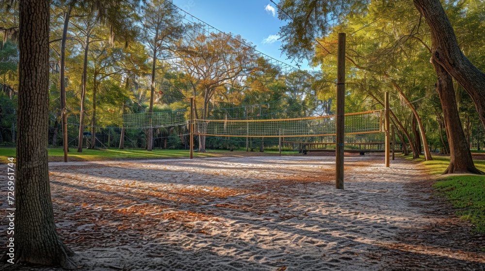 Obraz premium Recreation Area. Volleyball Net and Sand Court Ready for Play