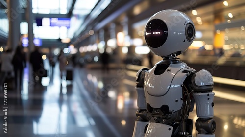 Modern Autonomous Robot Assistant in Busy International Airport Terminal, Reflecting Technological Integration in Public Spaces
