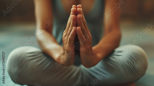 Meditating. Close Up Female Hands Prayer, Mindfulness in nature, Low key, close up of hands of a faithful woman praying, with hands folded and palms together in worship to god, Generative AI 