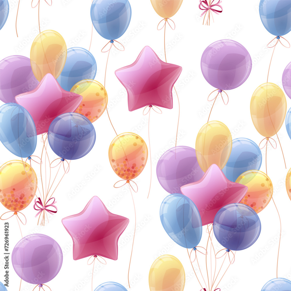 Seamless pattern with multi-colored balloons with a star. Cute print with helium balloon decoration. Festive texture for wrapping paper, cards, fabric, wallpaper.