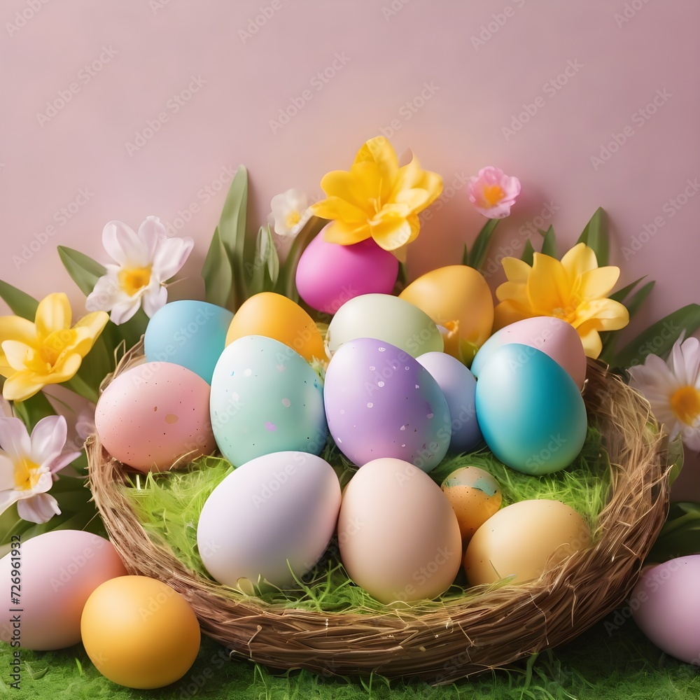Easter poster background template with Easter eggs in the nest on light blue background. Greetings and presents for Easter Day Easter poster background template with Easter eggs in the nest on light blue background. Greetings and presents for Easter Day