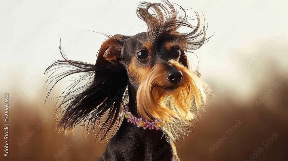 Naklejka premium A dog with long hair blowing in the wind in style of fashion editorial. Dog coat on bright background. Grooming