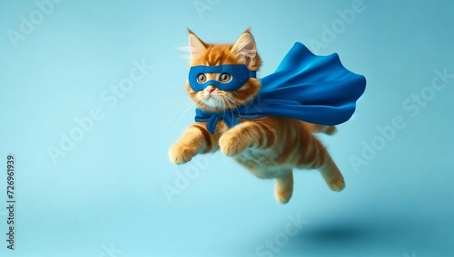 A flying feline hero, Adorable ginger cat wearing a blue mask and cape on a sky blue backdrop with room for text. The idea of a supercat, leader, and humorous pet portrait © K4VEE
