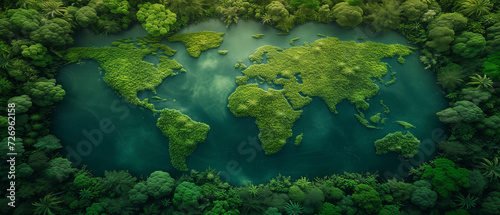 A world map meticulously outlined by moss growing on a rock.  conveying Earth Day and environmental care. ecosystem and healthy environment concept. © OHMAl2T