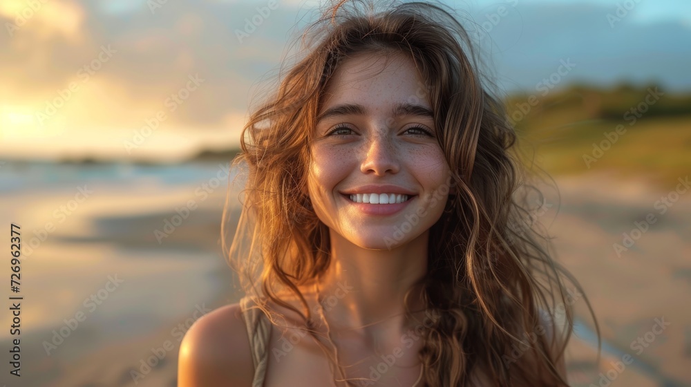 Close-up portrait of a beautiful girl on the beach at sunset - Generative AI