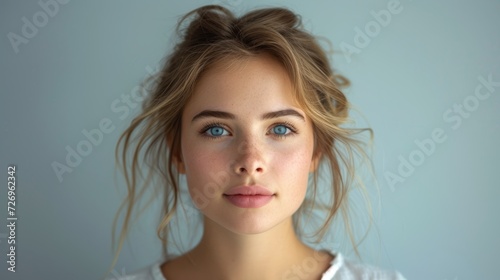 Portrait of a beautiful young woman with blond hair and blue eyes - Generative AI
