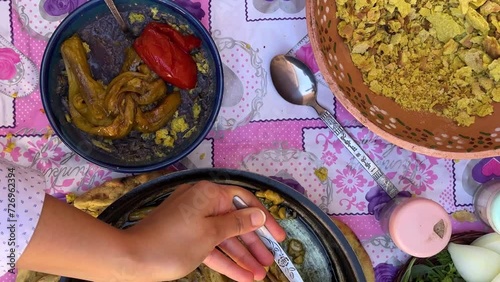 Taste traditional food on pink table cloth in Iran khorasan rural countryside traditional purple color food made by tomato eggplant and qurut the kashk dairy salty product local people tourist love it photo